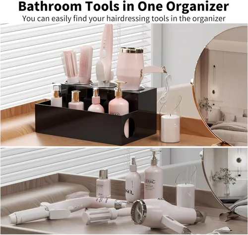 Miniatura 6 de NIUBEE Organizador de herramientas para el cabello, secadora de pelo acrílico negro y organizador de peinado, soporte para secadora de baño, soporte