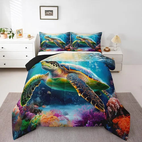 Miniatura 9 de Erosebridal Blue Ocean - Juego de edredón tamaño individual Juego de ropa de cama de ballena delfín y tortuga marina para niños y niñas, juego