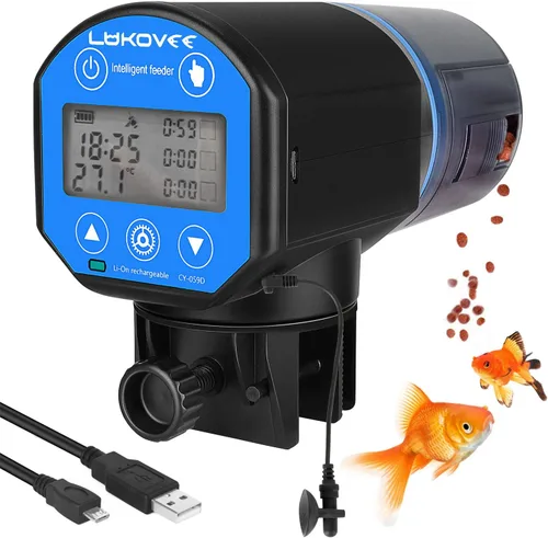 Lukovee Comedero automático para peces, pantalla de tiempo de alimentación, temporizador recargable por USB, dispensador de alimentos para acuarios