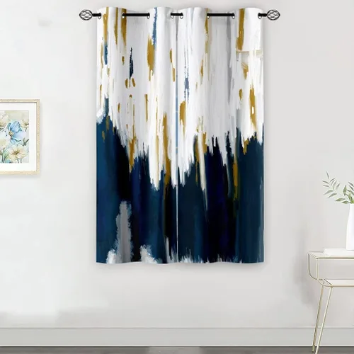 Navy Blue White Brown Grey Abstract Grommet Blackout Curtains for Small Window, Oil Painting Style Ombre Window Drapes for Living Room Bedroom,