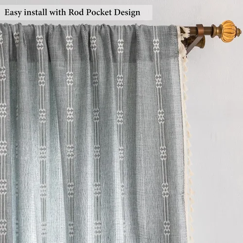 Miniatura 4 de Cortinas de lino de granja estilo bohemio Aveboll de 63" 84" 96" pulgadas de largo, juego de 2 paneles, cortinas modernas y rurales con bordado