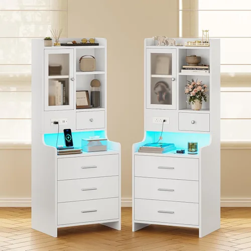 Miniatura 12 de ADORNEVE Mesita de noche alta con estación de carga y luces LED, mesita de noche de 49.2 pulgadas con estantería, mesita de noche negra con cajones