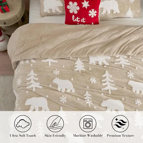 Miniatura 2 de Amélie Home Juego de edredón de Navidad tamaño Queen, juego de ropa de cama de Navidad esponjoso con oso polar, edredón de felpa de forro polar
