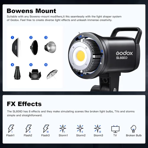 Miniatura 7 de Godox Luz de video LED SL60IIID, 60Ws versión blanca 5600K Iluminación de salida convincente con montaje Bowens, CRI 96+TLCI97+para grabación