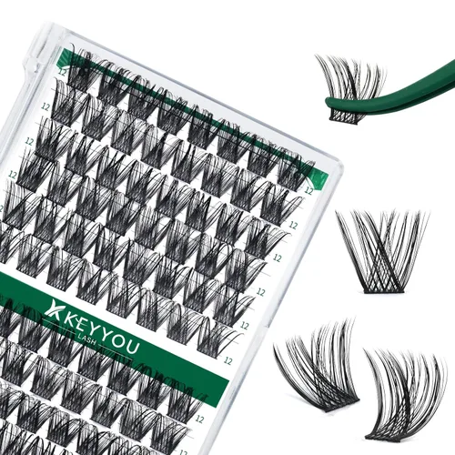Miniatura 74 de KEYYOU Racimos de pestañas, 96 piezas de extensiones de pestañas DIY, rizado D de 16 mm, negro, realista, no irritante, fácil de colocar en casa
