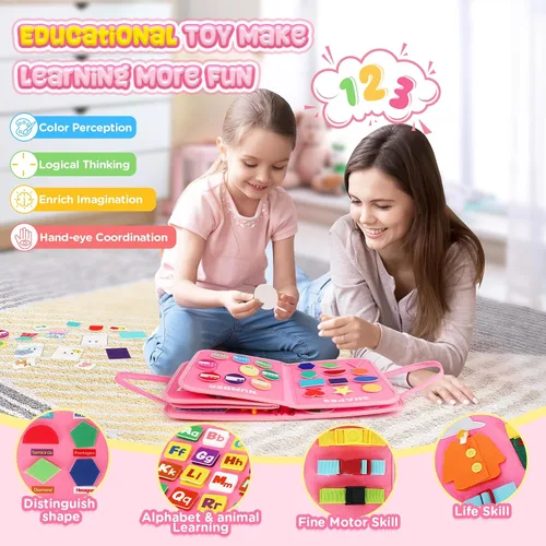 Miniatura 6 de URMYWO Tablero de actividades Montessori para niños de 1, 2, 3, 4 años, libro ocupado para actividades para niños con habilidades motoras finas, Rosa
