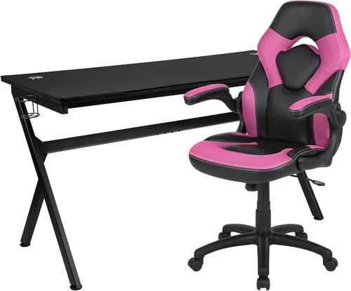 Miniatura 71 de Flash Furniture Juego de escritorio para juegos negro y silla de carreras blanco/negro con soporte para tazas, gancho para auriculares y soporte