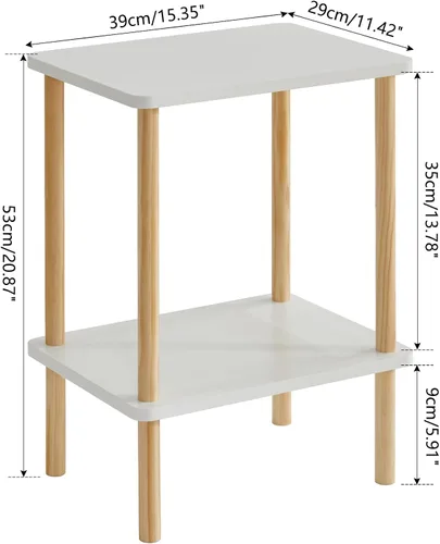 Miniatura 3 de IBUYKE Mesa auxiliar de 2 niveles, mesa auxiliar alta de madera maciza con estantes de almacenamiento, mesita de noche para sala de estar, Blanco