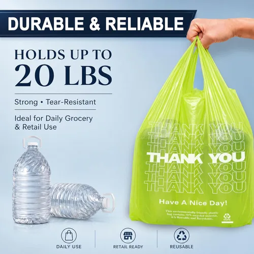 Miniatura 4 de YoYoRain 100 unidades de bolsas de camiseta “Gracias” – Bolsas de plástico verdes para compras con asas, para venta al por menor, abarrotes