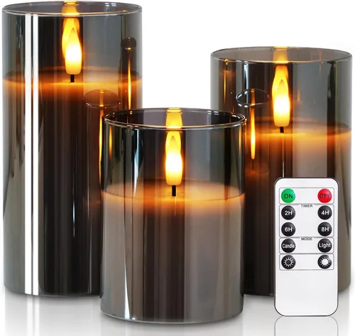 Miniatura 10 de Homemory Vela sin llama extra grande de 6 x 6 pulgadas con 3 mechas, vela LED de cristal, vela de cera real a pilas con control remoto y 3 mecha gris