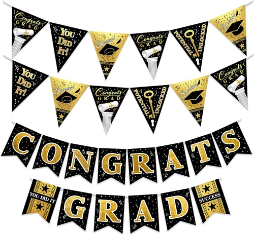 Treasures Gifted Decoraciones de graduación doradas – Juego de 3 pancartas preencordadas – 1 pancarta de felicitación y 2 banderines – Suministros