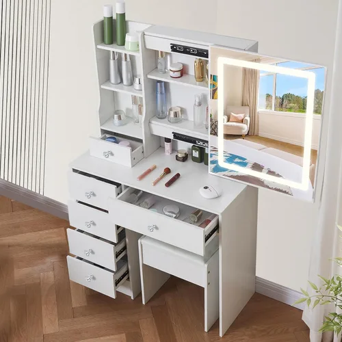 Escritorio blanco cálido con espejo iluminado LED, mesa de tocador de maquillaje con armario izquierdo iluminado, 6 cajones y taburete, tocador para