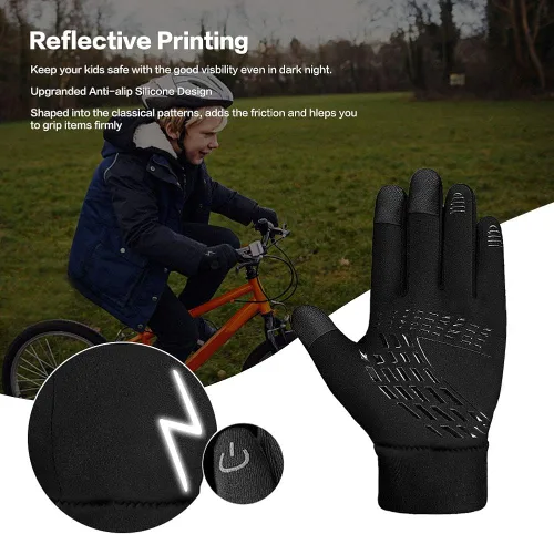 Miniatura 5 de YukiniYa Guantes de invierno para niños, repelentes al agua, pantalla táctil, forro polar, antideslizantes, para niños y niñas de 3 a 15 años, Negro