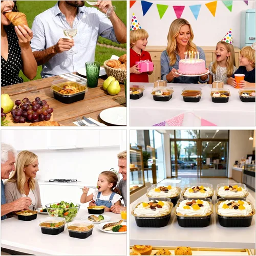 Miniatura 5 de FORBFAN Paquete de 150 mini moldes para pasteles de 10 onzas con tapas y cucharas, tazas cuadradas de postre de papel de aluminio negro y dorado