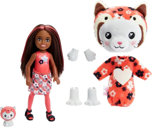 Miniatura 7 de Muñeca Barbie Cutie Reveal Chelsea y accesorios, disfraz de peluche de animal y 6 sorpresas que incluyen cambio de color, gatito como panda rojo