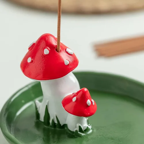 Miniatura 4 de Lindo soporte de incienso de hongos con 30 varillas de incienso, quemador de resina hecho a mano, bandeja de incienso con temática natural, Verde