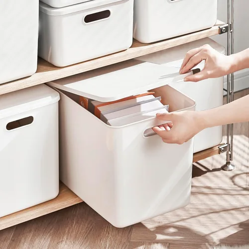 Miniatura 3 de Paquete de 5 contenedores grandes de almacenamiento de plástico blanco con tapas, caja de juguetes con asa, contenedores organizadores cestas