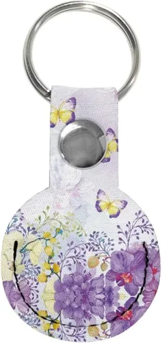YEXIATODO Funda para AirTag con diseño de flores moradas y mariposas con llavero, funda protegida para Airtags, cartera multifuncional con funda