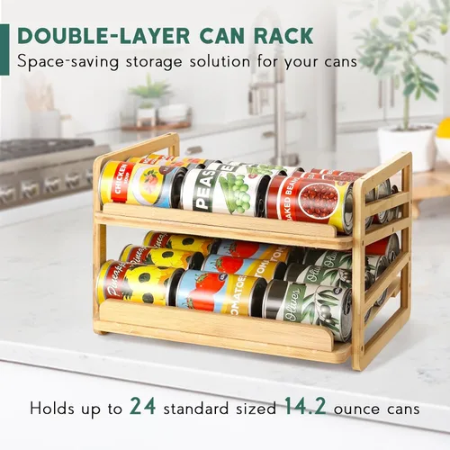 Miniatura 3 de Yumkfoi Estante organizador de latas de bambú, apilable de doble capa y almacenamiento para despensa, dispensador de productos enlatados