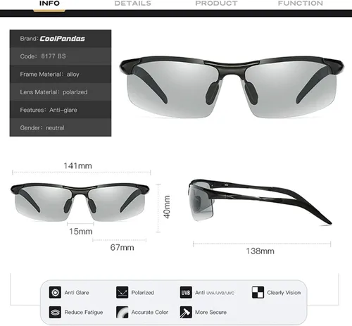 Miniatura 3 de Gafas de sol fotocromáticas para hombres y mujeres, gafas de sol deportivas para conducción, pesca, ciclismo, antirreflejos Marco negro