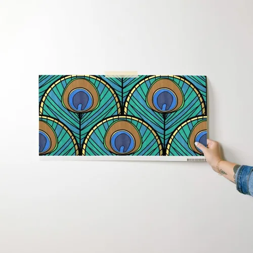 Miniatura 7 de Spoonflower Despegar y pegar papel pintado Swatch – Patrón de abanico Art Deco de pavo real pluma azul verde 1920 inspirado vintage dorado estampado