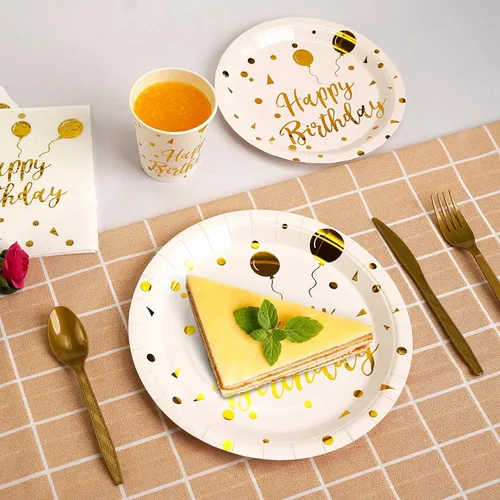 Miniatura 7 de 200 piezas de suministros para fiesta de cumpleaños blancos y dorados, juego de vajilla desechable para feliz cumpleaños, tenedores, cuchillos