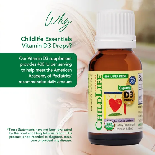 Miniatura 4 de ChildLife Essentials Gotas orgánicas de vitamina D3, para bebés y recién nacidos, gotas de vitamina D para bebés, 400 UI por porción, apoyo