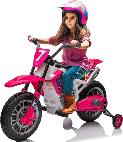 Miniatura 10 de JOYLDIAS Motocicleta de cross para niños, 12V7AH con batería, motocicleta para niños, bicicleta de calle todoterreno con música, ruedas de Rosa