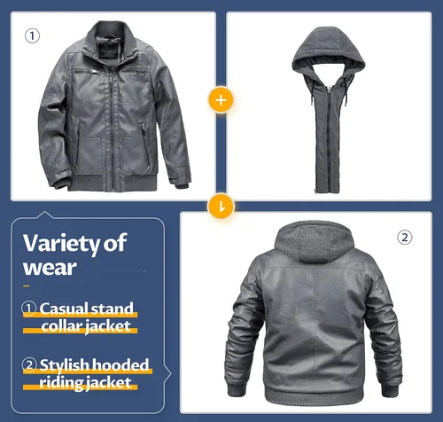 Miniatura 3 de CREATMO US Chaqueta de piel sintética para hombre, impermeable, resistente al viento, PU con capucha extraíble