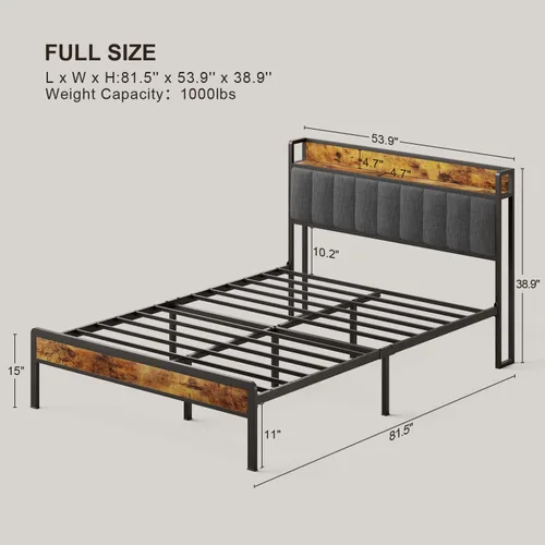 Miniatura 2 de Gizoon Cama de plataforma de metal, marco de cama con cabecera de madera tapizada, sin ruido, no necesita somier, con almacenamiento debajo