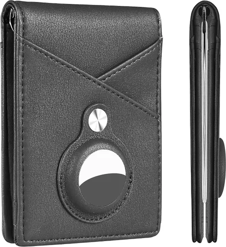 Hawanik Billetera plegable delgada para AirTag con clip de dinero de primavera cartera plegable minimalista para hombre con soporte integrado para
