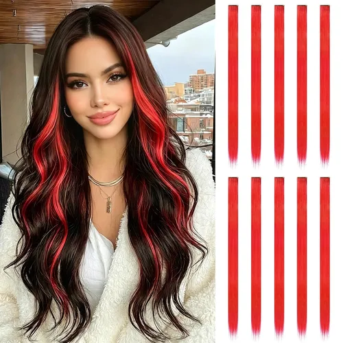 Miniatura 52 de FESHFEN Extensiones de cabello con clip de colores, 16 piezas de 8 colores resaltados, piezas de cabello sintético lacio con clip para mujer, 22