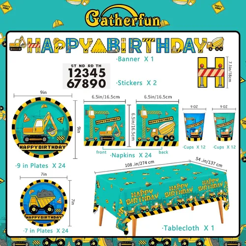 Miniatura 2 de Kit de suministros para fiesta de cumpleaños de construcción, platos de papel desechables, servilletas, vasos, mantel y pancarta, decoraciones