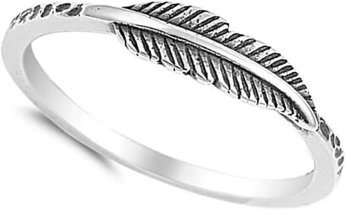 Miniatura 3 de Anillo de plumas de moda de hoja oxidada, anillo de plata de ley 925, tamaño 3-12, Metal, Sin piedras preciosas