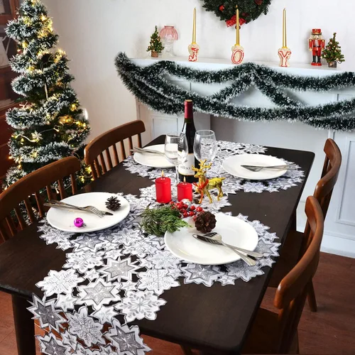 Miniatura 5 de Grelucgo Camino de mesa bordado de copos de nieve gris y blanco para Navidad o invierno (13.5 x 70 pulgadas)