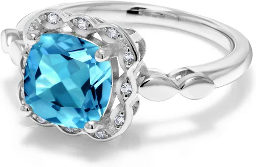Miniatura 84 de Gem Stone King Anillo de compromiso de plata de ley 925 de 0.315 in con piedra natal y zafiro blanco creado Anillo de compromiso de boda