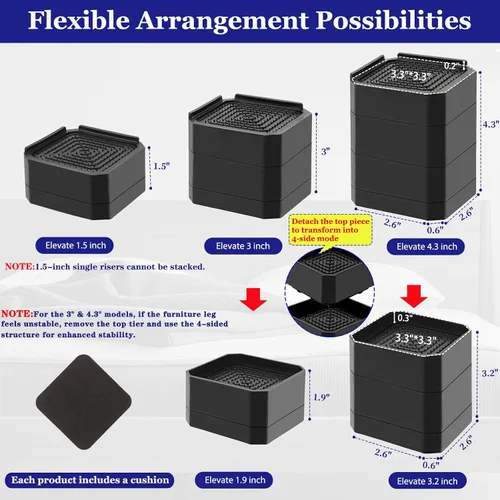 Miniatura 2 de Elevadores de cama resistentes, bloques elevadores de muebles ajustables de 1.5, 3, 4.3 pulgadas para patas de sofá, mesa, escritorio, refrigerador