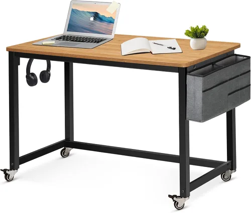Miniatura 19 de AHB Escritorio para computadora con 4 ruedas lisas, escritorio móvil de estilo simple, mesa de estudio para oficina en casa, estación de trabajo