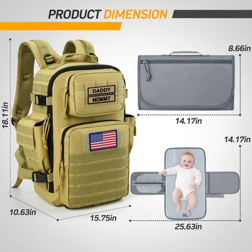 Miniatura 4 de SHARKMOUTH Bolsa de pañales militar para bebé, mochila grande para bebé con cambiador para niño y niña, bolsa de pañales para papá del ejército