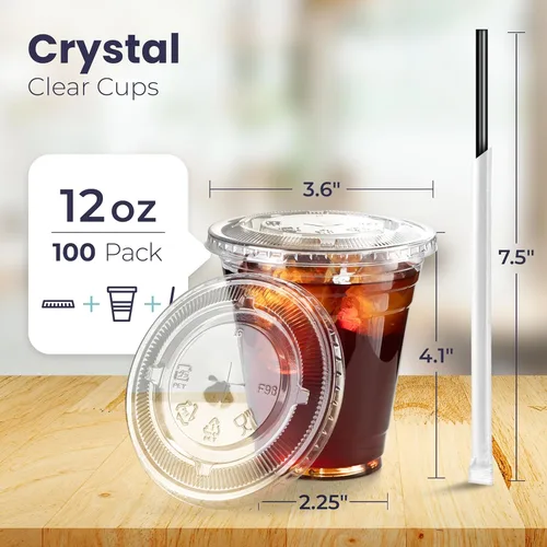 Miniatura 2 de Fit Meal Prep Paquete de 100 Vasos de Plástico para Café Helado de 12 oz con Tapas Planas y Pajitas Negras, Vaso Transparente Desechable, Vaso Libre