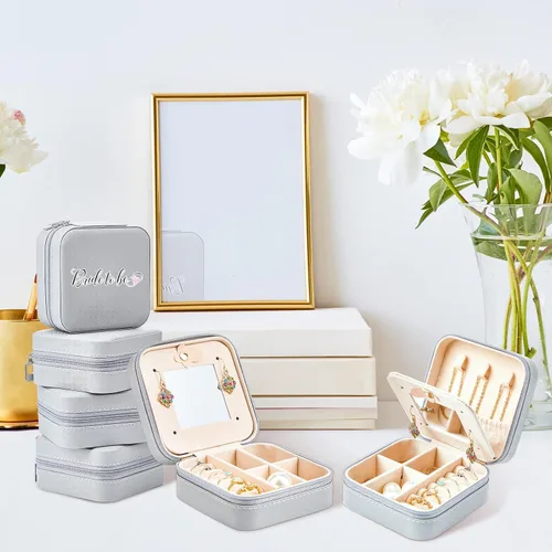 Miniatura 5 de Joyero de viaje de 10 piezas, cajas de regalo de dama de honor, organizador de viaje con espejo, caja pequeña de joyería, mini caja organizadora