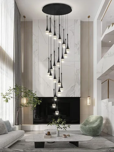 Miniatura 8 de ykolupty Candelabro Moderno de 138'', 20 Luces, Lámpara Colgante Moderna Negra, Candelabro Grande para Escalera, Vestíbulo, Sala de Estar, Negro