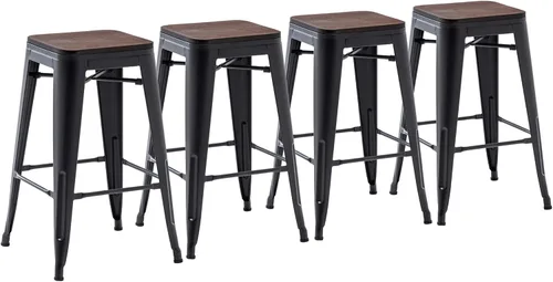 Miniatura 5 de Yongchuang Juego de 4 taburetes de bar de metal negro de 24 pulgadas, apilables, sin espalda, con parte superior de madera