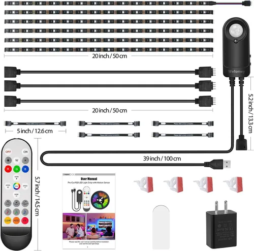 Miniatura 7 de Luces RGB bajo gabinete con sensor de movimiento, 6 tiras de luces LED precortadas con control remoto, sincronización de música, luces de armario
