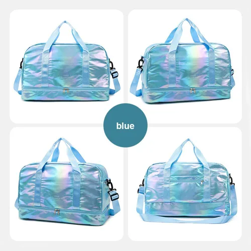 Miniatura 2 de Bolsa de lona holográfica brillante para gimnasio con compartimento para zapatos y bolsillo húmedo, bolsa de viaje para mujer para fin de semana