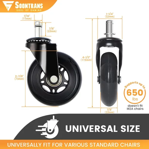 Miniatura 4 de Soontrans Ruedas para silla de oficina, juego de 5, ruedas de repuesto para sillas de juegos de oficina, ruedas giratorias para alfombras, suelos