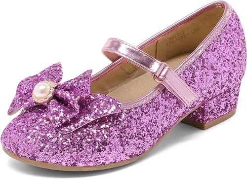 DREAM PAIRS - Zapatos de vestir para niñas, zapatos de princesa para niña pequeña, Mary Jane, tacones bajos, con purpurina, flores, para fiesta, boda