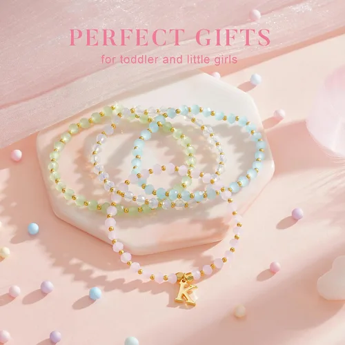 Miniatura 7 de IEFWELL Pulseras con iniciales para niñas y niños – Juego de 4 pulseras de cristal rosa/azul/blanco/verde, pulsera elástica para niños, joyería