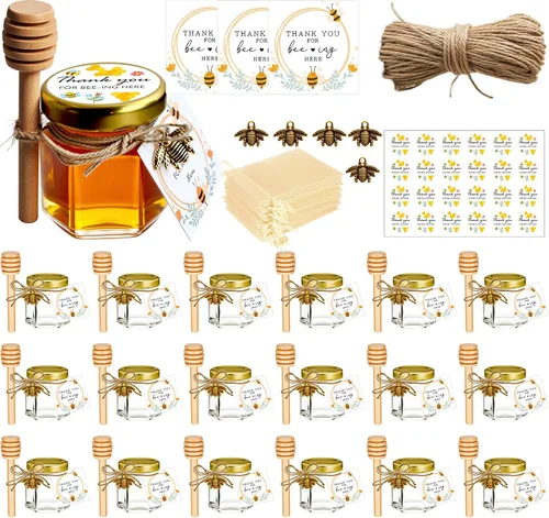 Adabocute Paquete de 20 mini tarros de miel con gotero, perfectos para regalos de baby shower y recuerdos de boda, incluye etiquetas colgantes de