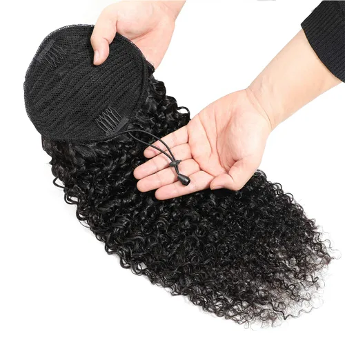 Miniatura 2 de Cola de caballo de cabello humano rizado con cordón brasileño Remy Extensin 3C Kinky Curly Hair Clip en pieza de pelo color natural sedoso suave 10